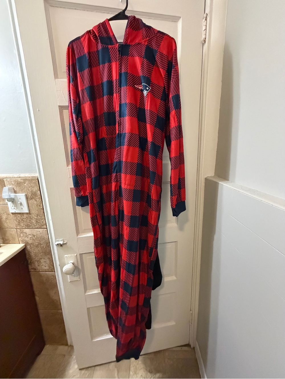 NFL Red and Navy Plaid Hooded One-Piece Pajama